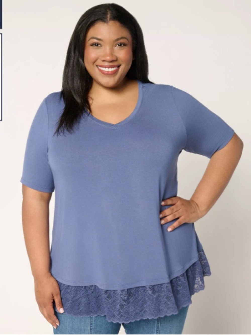 LOGO Layers by Lori Goldstein Elbow Sleeve Lace Hem Top size XXS